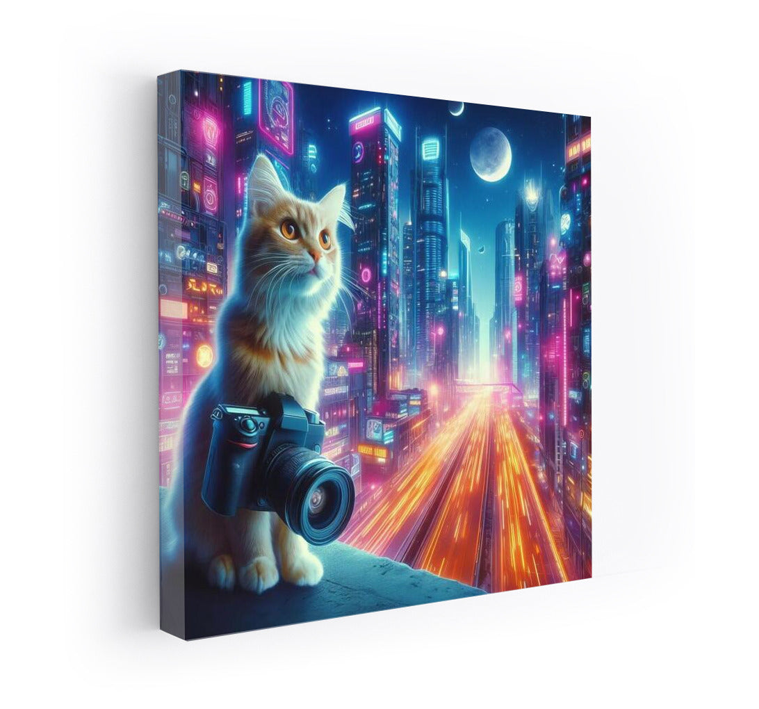 Neon Cat Photographer in the City of the Future