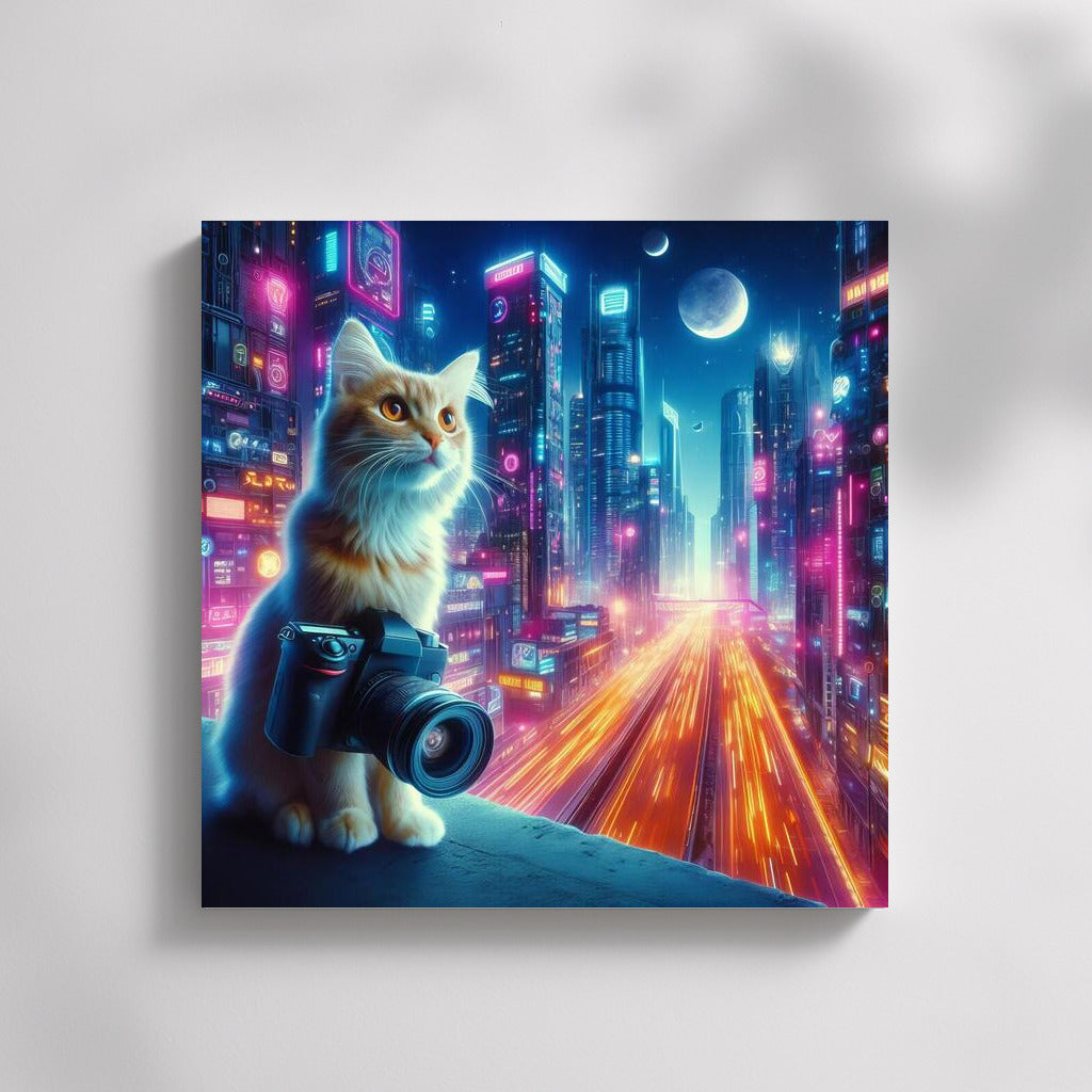 Neon Cat Photographer in the City of the Future