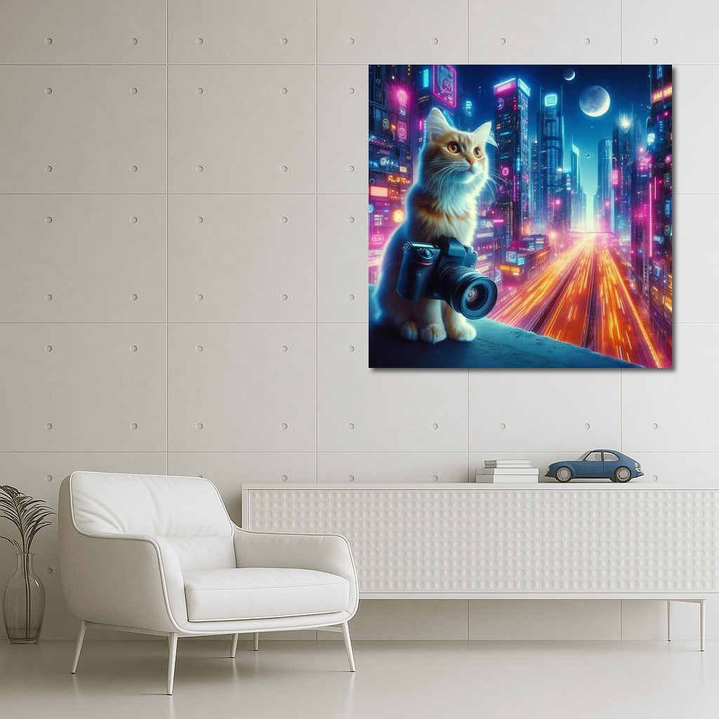 Neon Cat Photographer in the City of the Future