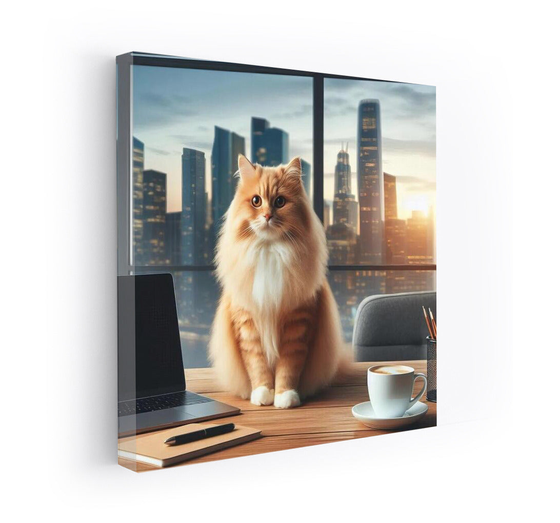 Cat in the Office: Night Cityscape for Workspace