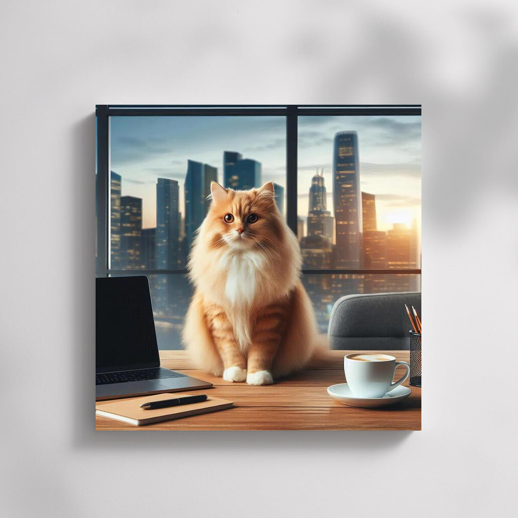 Cat in the Office: Night Cityscape for Workspace