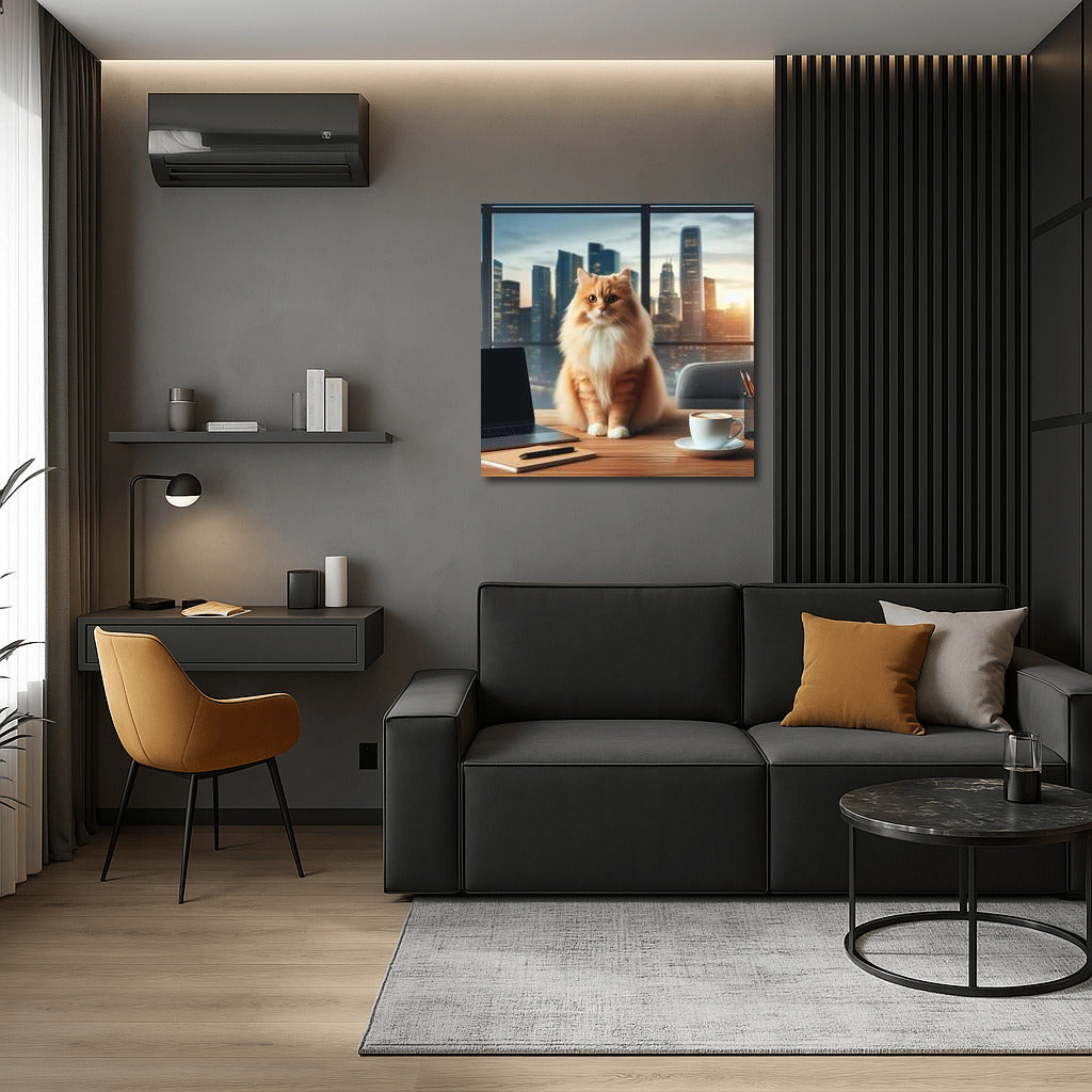Cat in the Office: Night Cityscape for Workspace