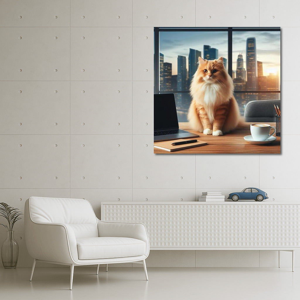 Cat in the Office: Night Cityscape for Workspace