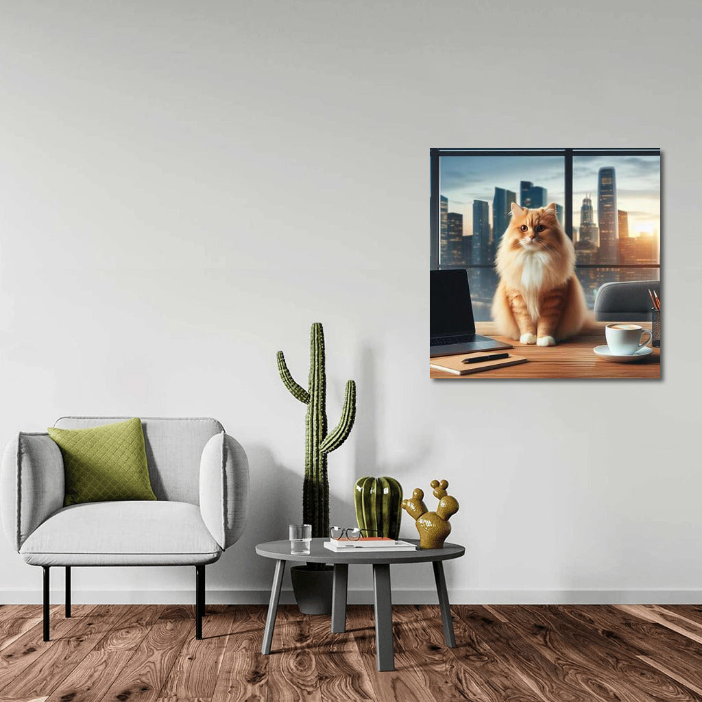 Cat in the Office: Night Cityscape for Workspace
