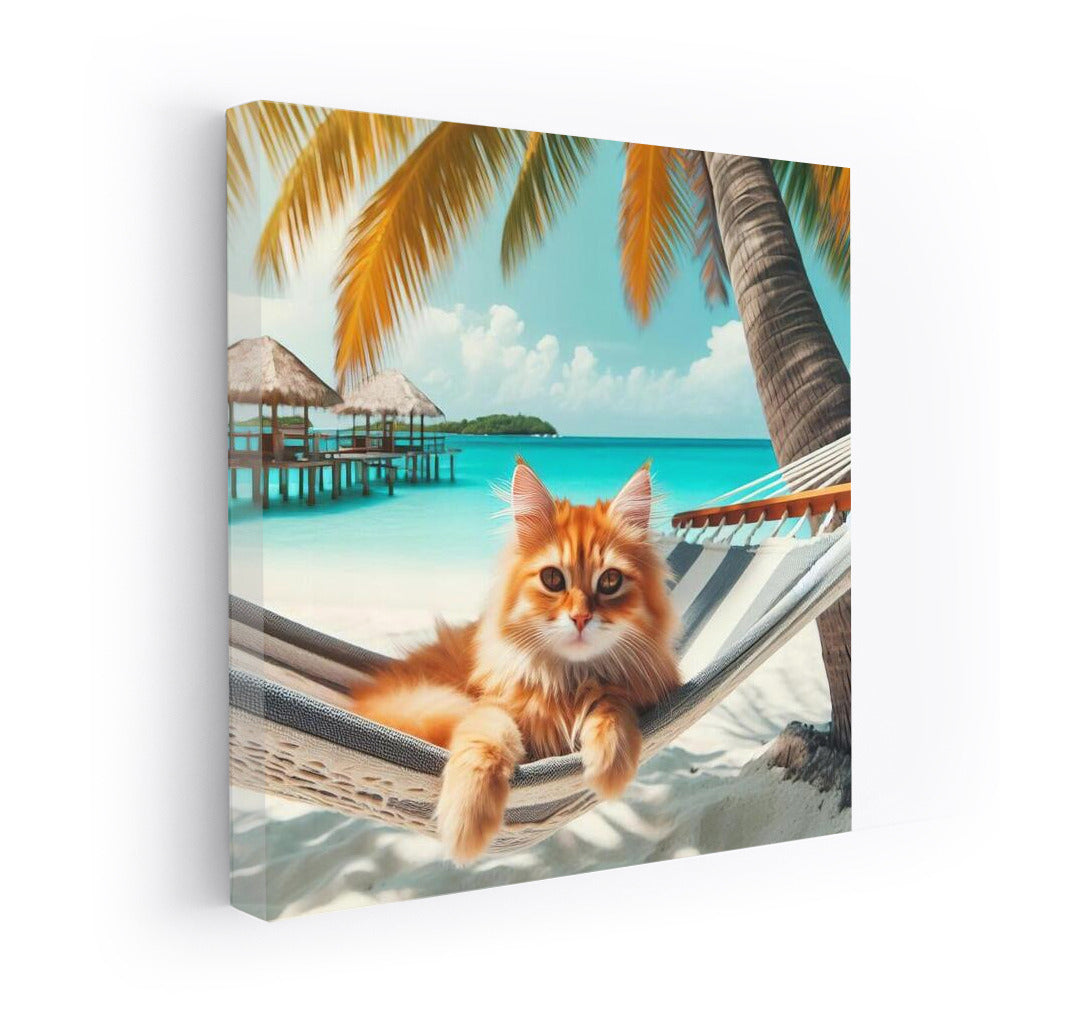 Fluffy Cat in Tropical Paradise: Relaxing on the Beach Under the Palm Trees