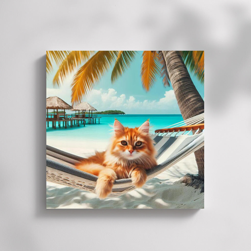 Fluffy Cat in Tropical Paradise: Relaxing on the Beach Under the Palm Trees
