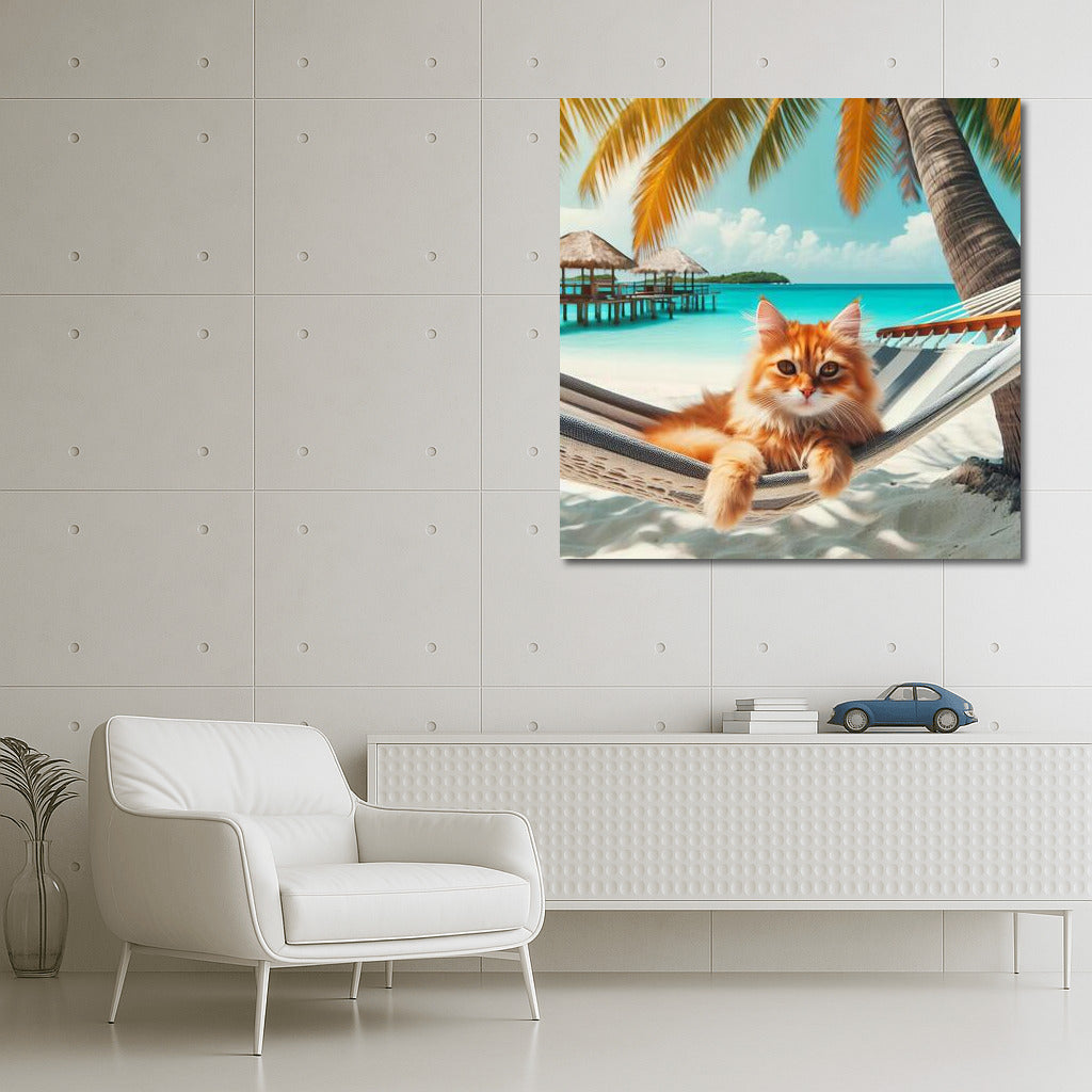 Fluffy Cat in Tropical Paradise: Relaxing on the Beach Under the Palm Trees