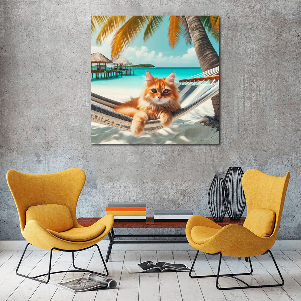 Fluffy Cat in Tropical Paradise: Relaxing on the Beach Under the Palm Trees