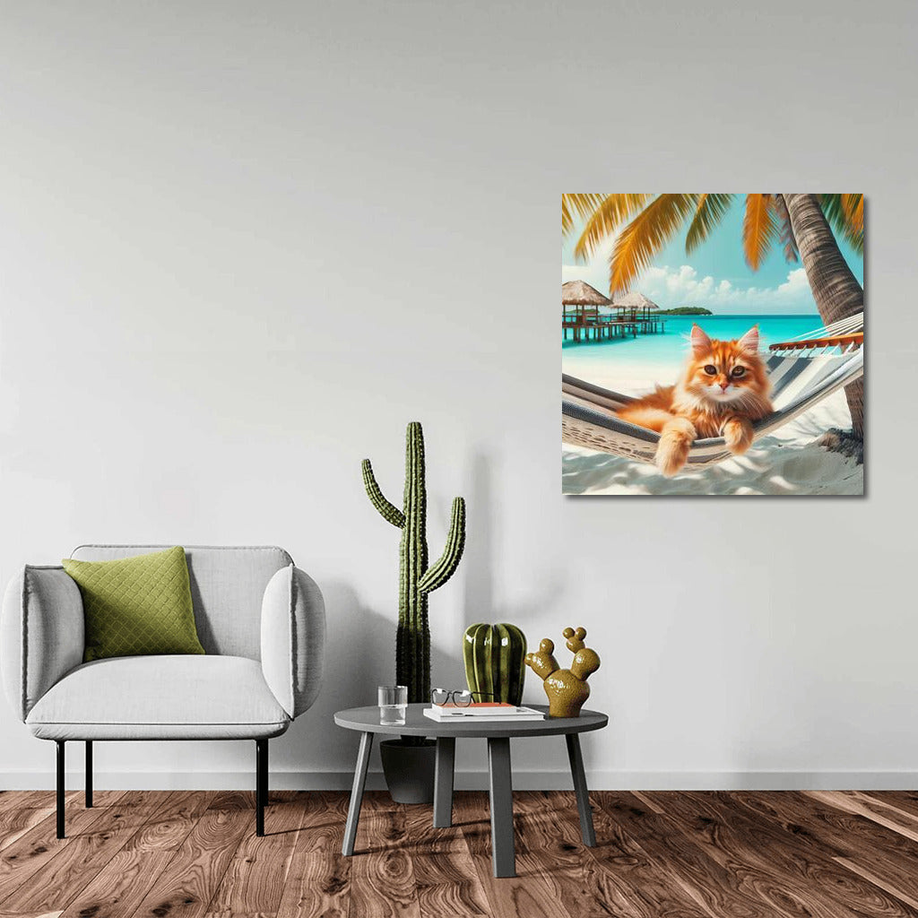 Fluffy Cat in Tropical Paradise: Relaxing on the Beach Under the Palm Trees