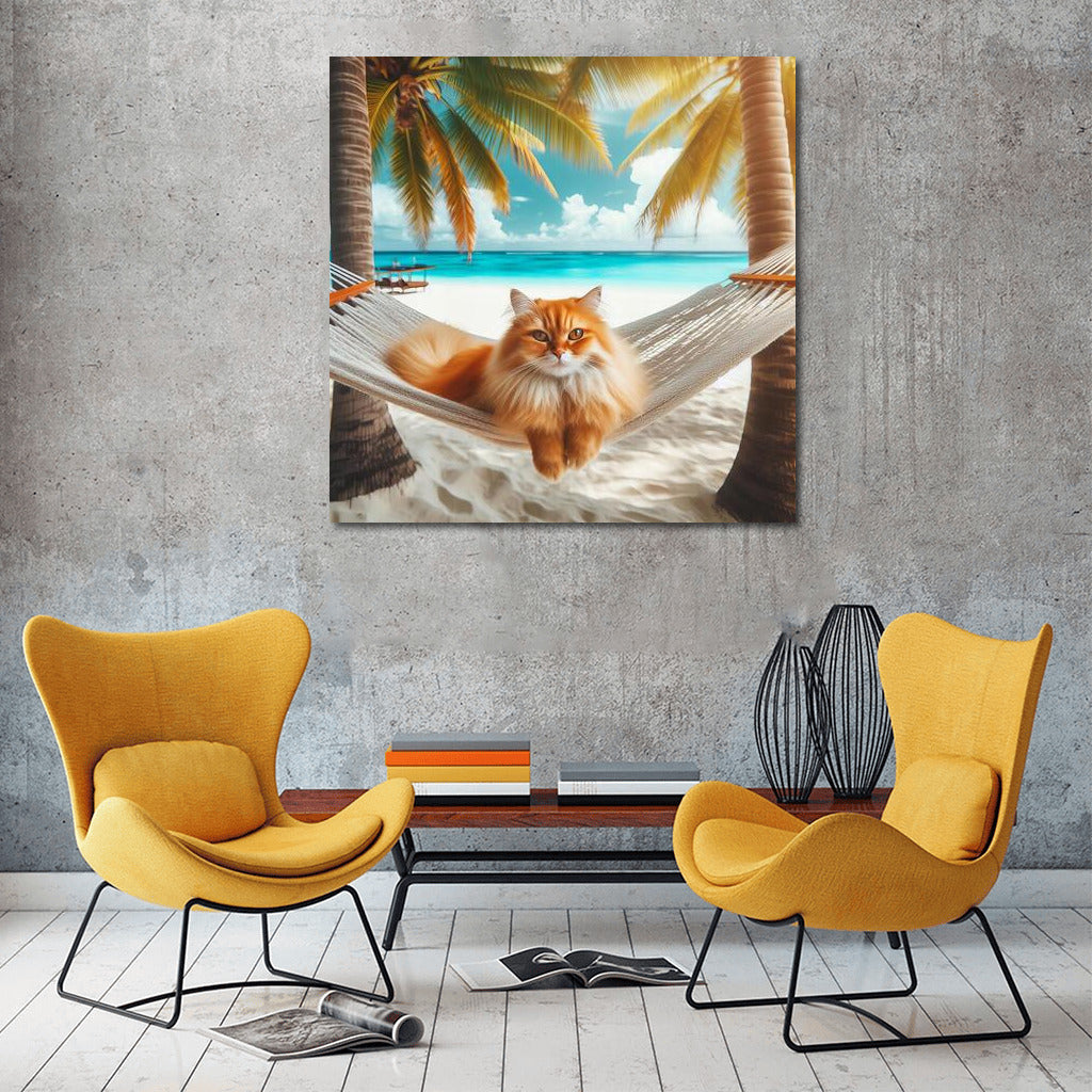 Tropical Cat in a Hammock: Relaxing Under the Palms