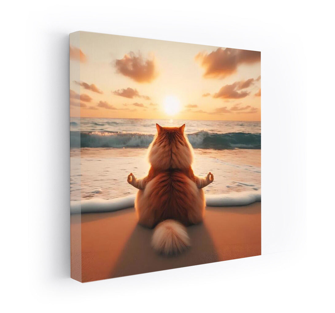 Cat Meditating on the Beach: Harmony with the Sea and Sunset