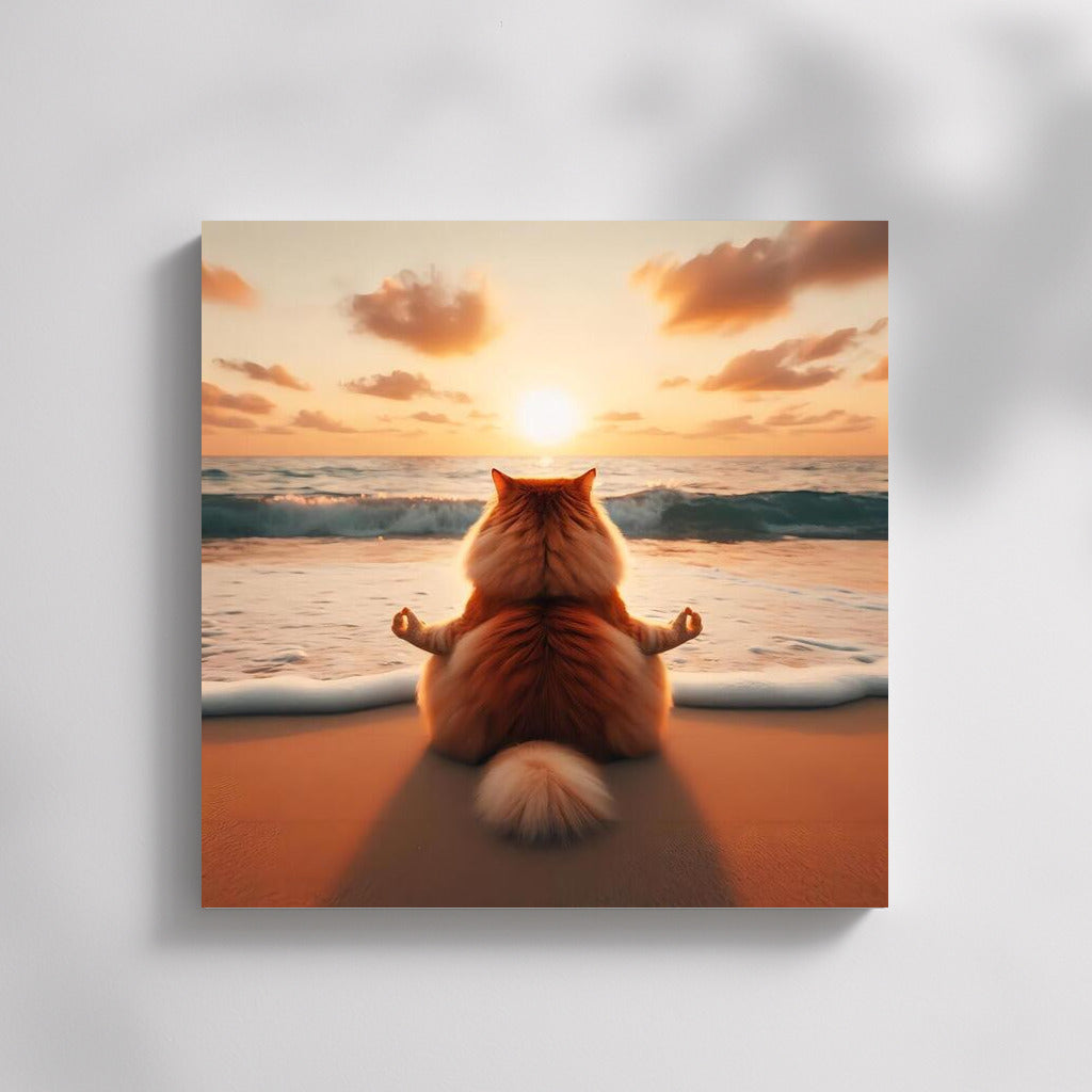Cat Meditating on the Beach: Harmony with the Sea and Sunset