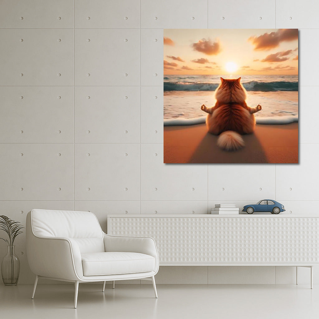 Cat Meditating on the Beach: Harmony with the Sea and Sunset