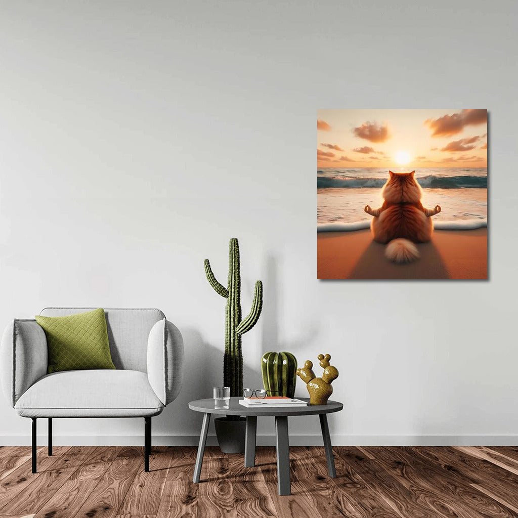 Cat Meditating on the Beach: Harmony with the Sea and Sunset