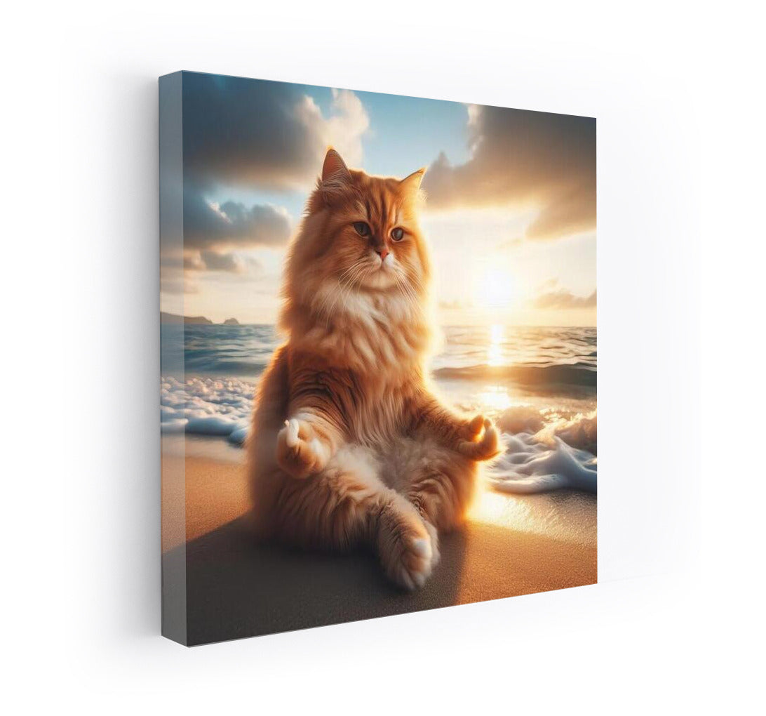 Fluffy Cat Meditating on the Beach: Waves of Calm and Comfort