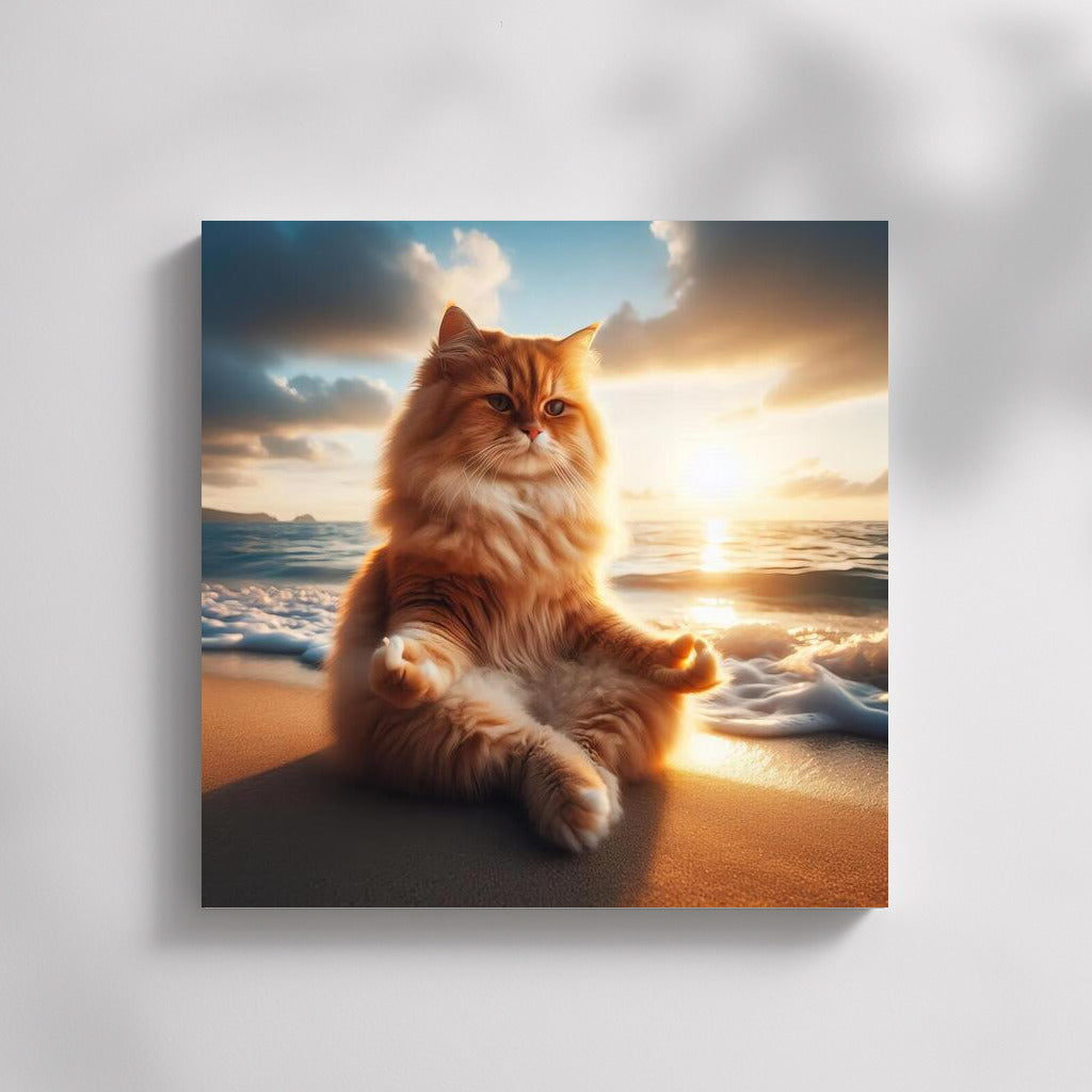 Fluffy Cat Meditating on the Beach: Waves of Calm and Comfort