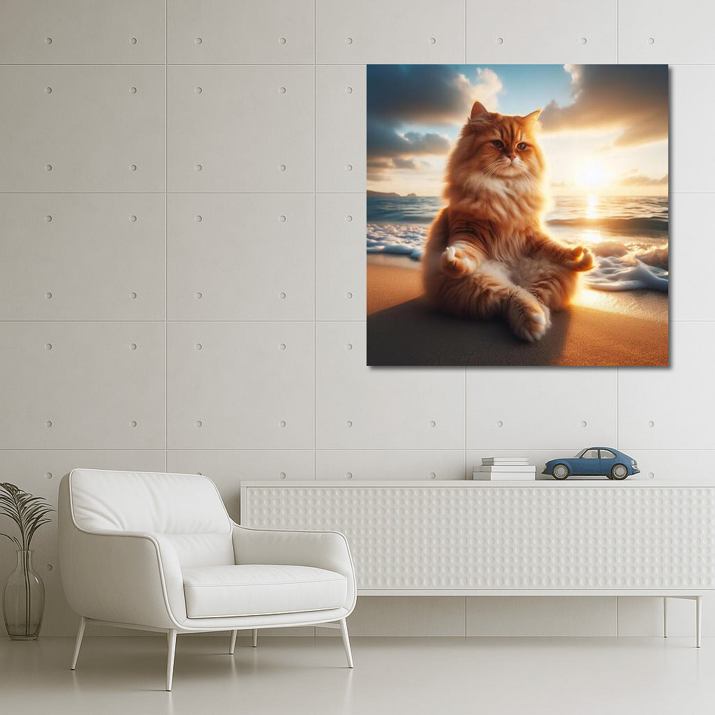 Fluffy Cat Meditating on the Beach: Waves of Calm and Comfort