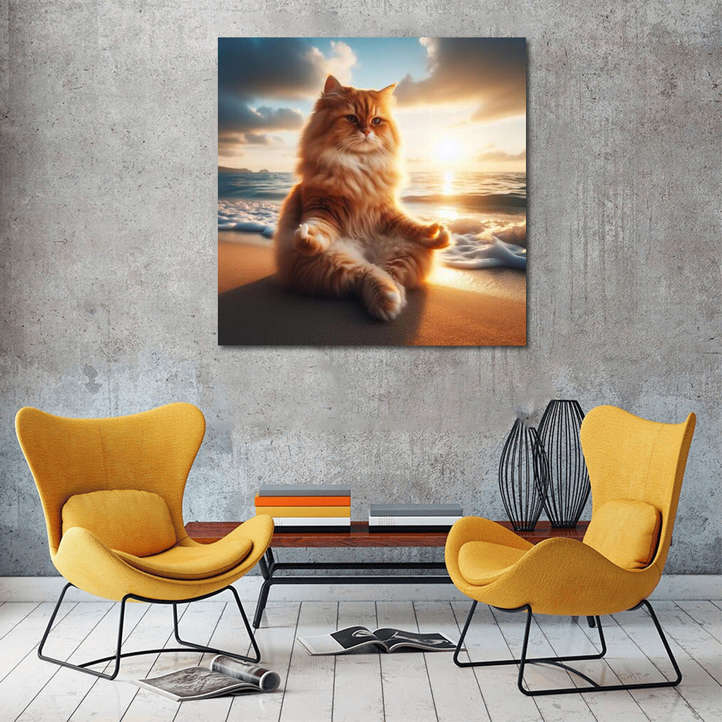 Fluffy Cat Meditating on the Beach: Waves of Calm and Comfort