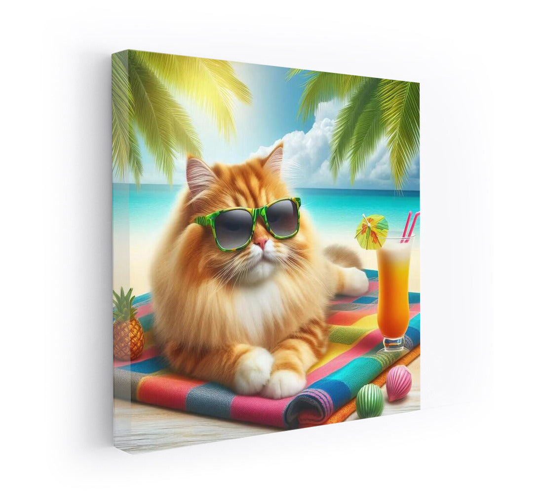 Stylish Cat in Glasses on a Fashionable Beach: Summer Vacation under the Palm Trees