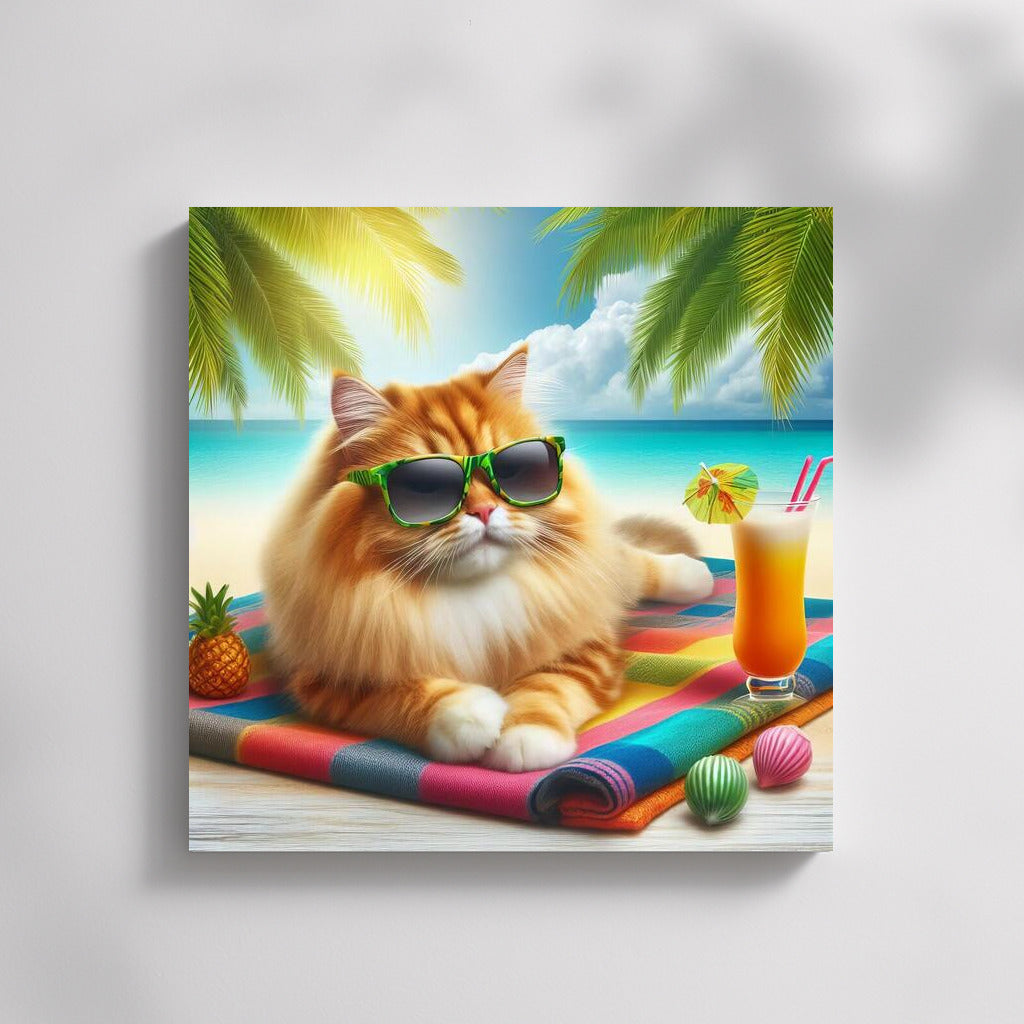 Stylish Cat in Glasses on a Fashionable Beach: Summer Vacation under the Palm Trees