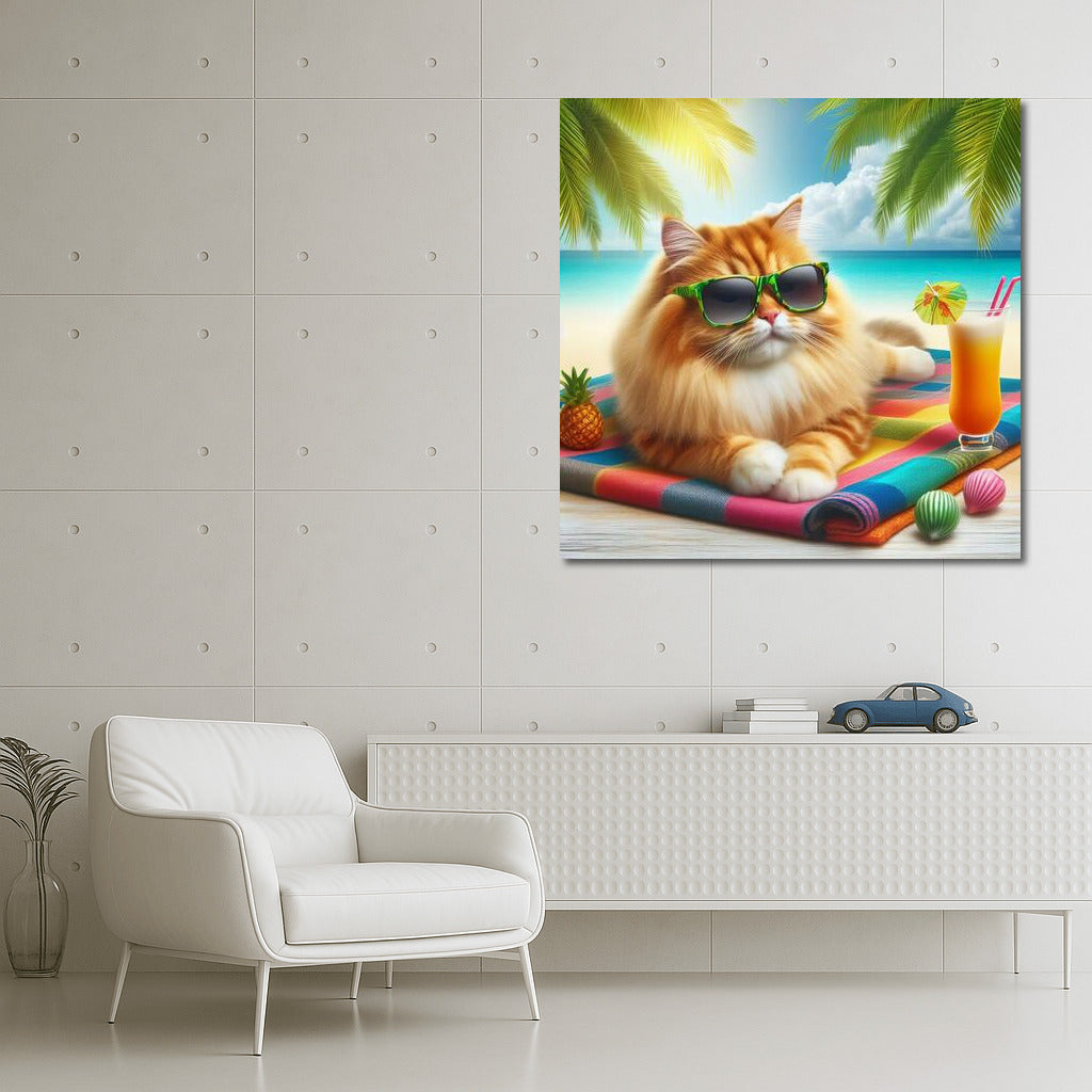Stylish Cat in Glasses on a Fashionable Beach: Summer Vacation under the Palm Trees