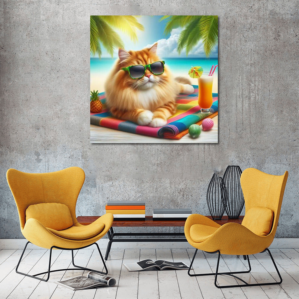 Stylish Cat in Glasses on a Fashionable Beach: Summer Vacation under the Palm Trees