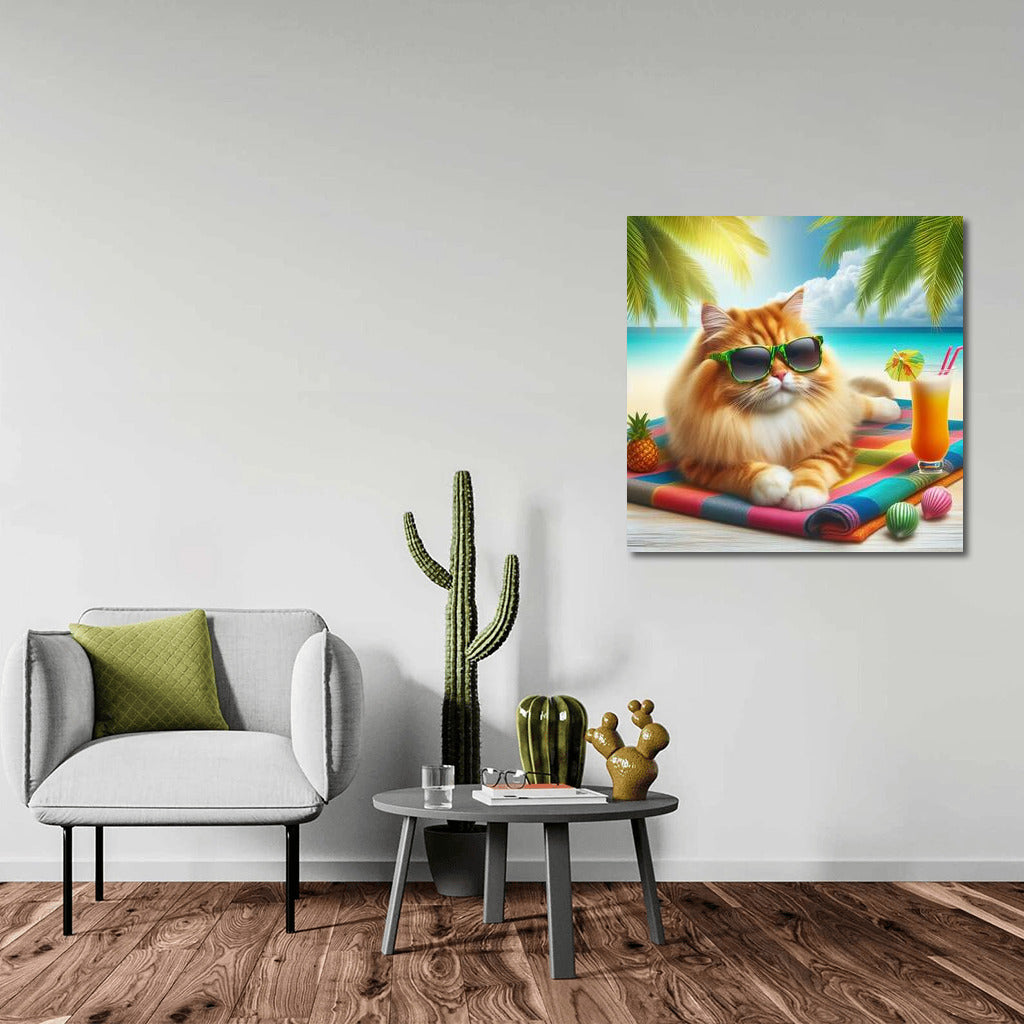 Stylish Cat in Glasses on a Fashionable Beach: Summer Vacation under the Palm Trees