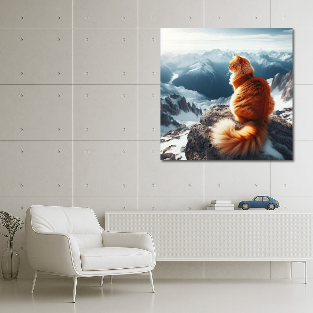 Cat on Top of the World: Furry Explorer Admires Mountain Scenery