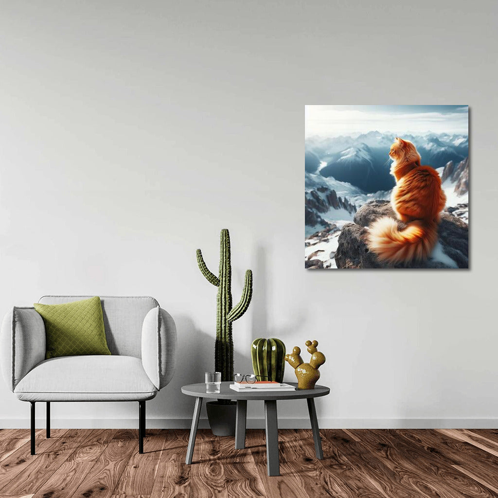 Cat on Top of the World: Furry Explorer Admires Mountain Scenery