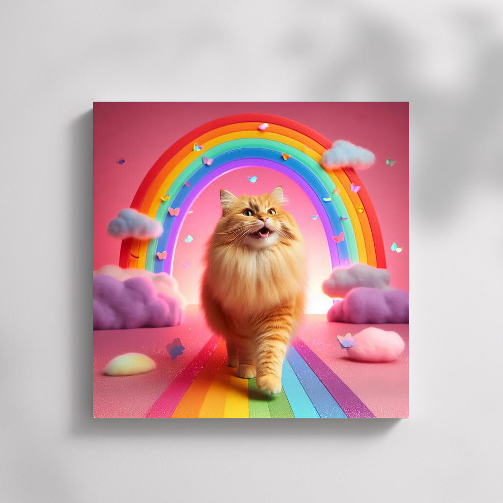 Fluffy Cat on Rainbow Road 2: Magical Journey Among Clouds and Butterflies
