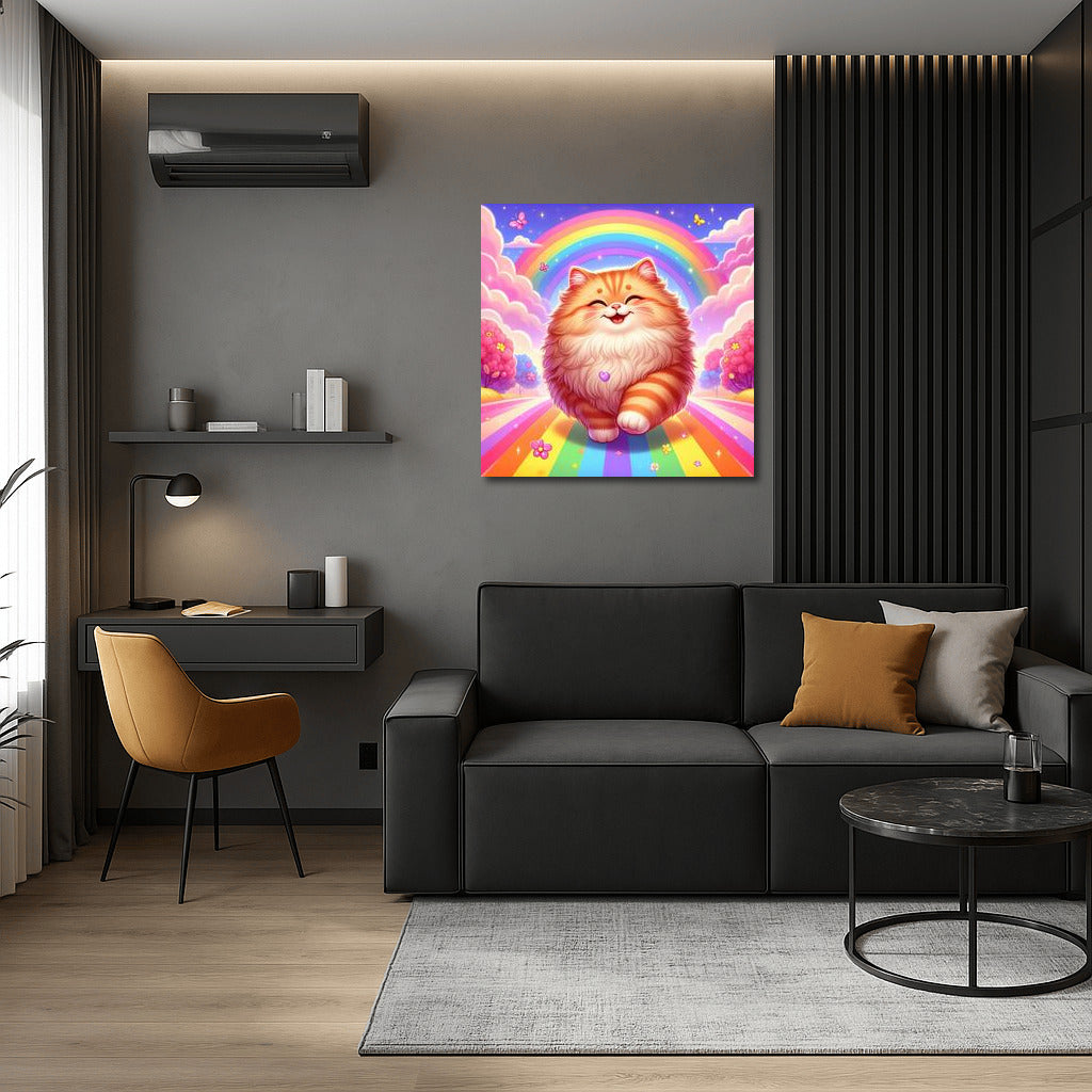 Fluffy Cat on Rainbow Road: Bright Interior Decor