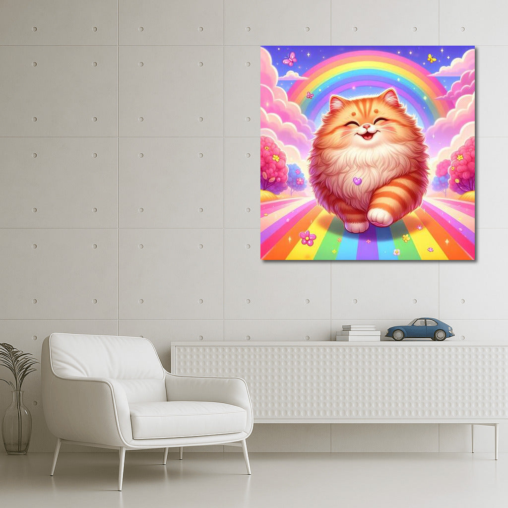 Fluffy Cat on Rainbow Road: Bright Interior Decor