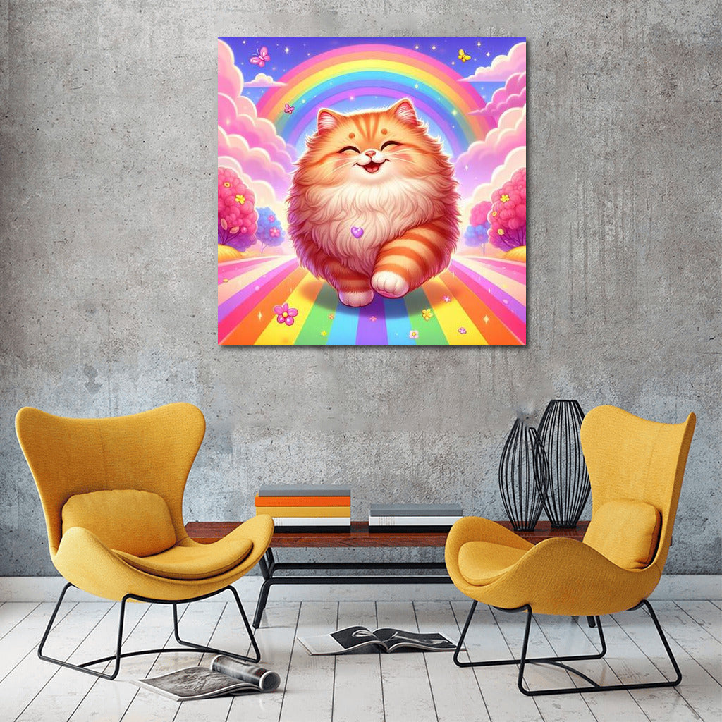 Fluffy Cat on Rainbow Road: Bright Interior Decor
