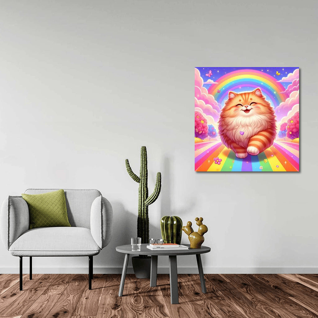 Fluffy Cat on Rainbow Road: Bright Interior Decor