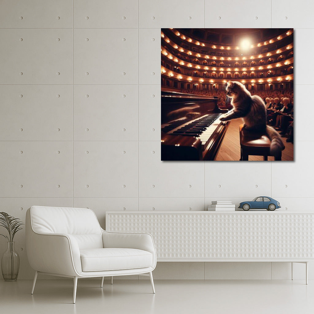 Virtuoso Cat on the Piano in the Concert Hall