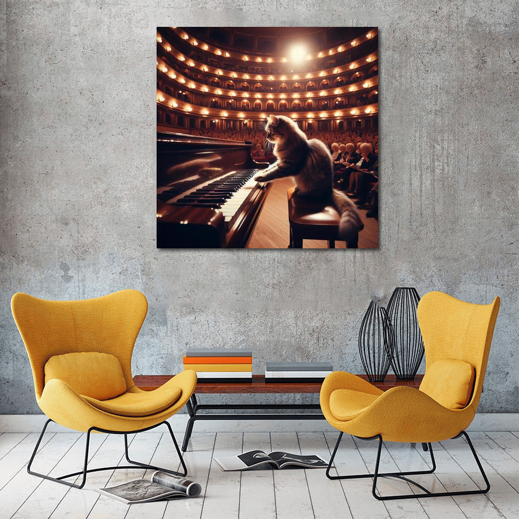 Virtuoso Cat on the Piano in the Concert Hall