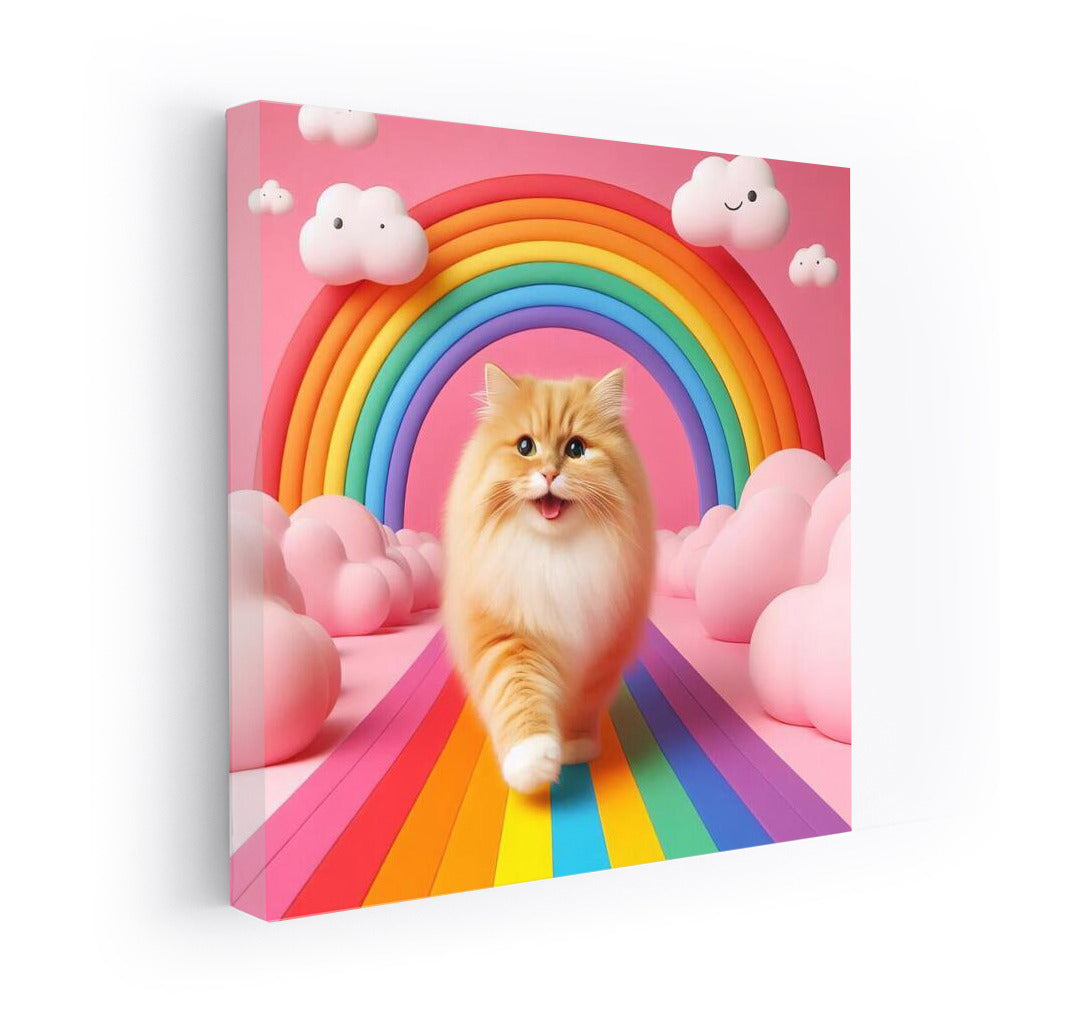 Fluffy Cat on the Rainbow Road among the Clouds
