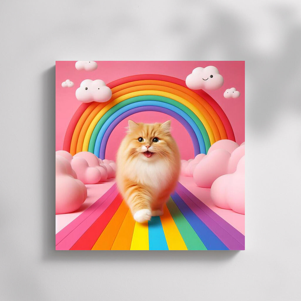Fluffy Cat on the Rainbow Road among the Clouds
