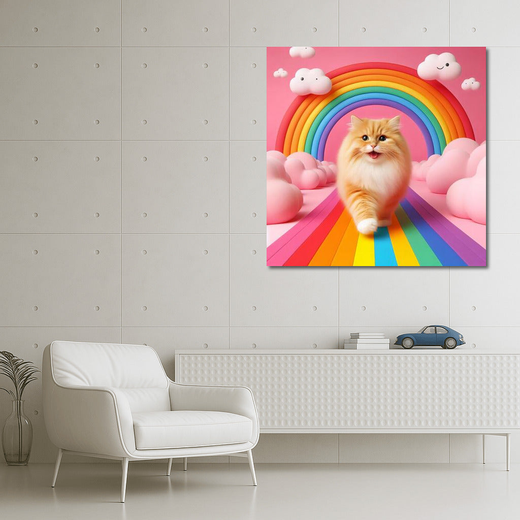 Fluffy Cat on the Rainbow Road among the Clouds