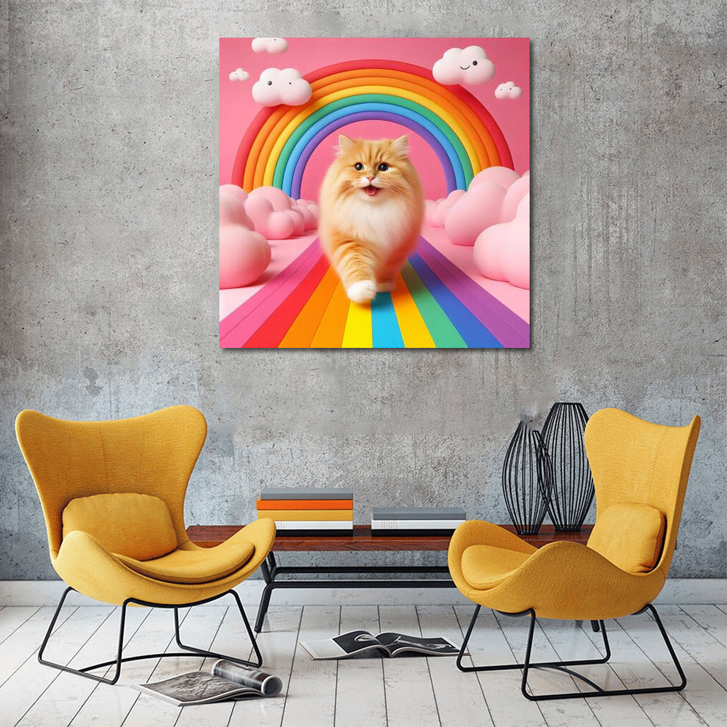 Fluffy Cat on the Rainbow Road among the Clouds
