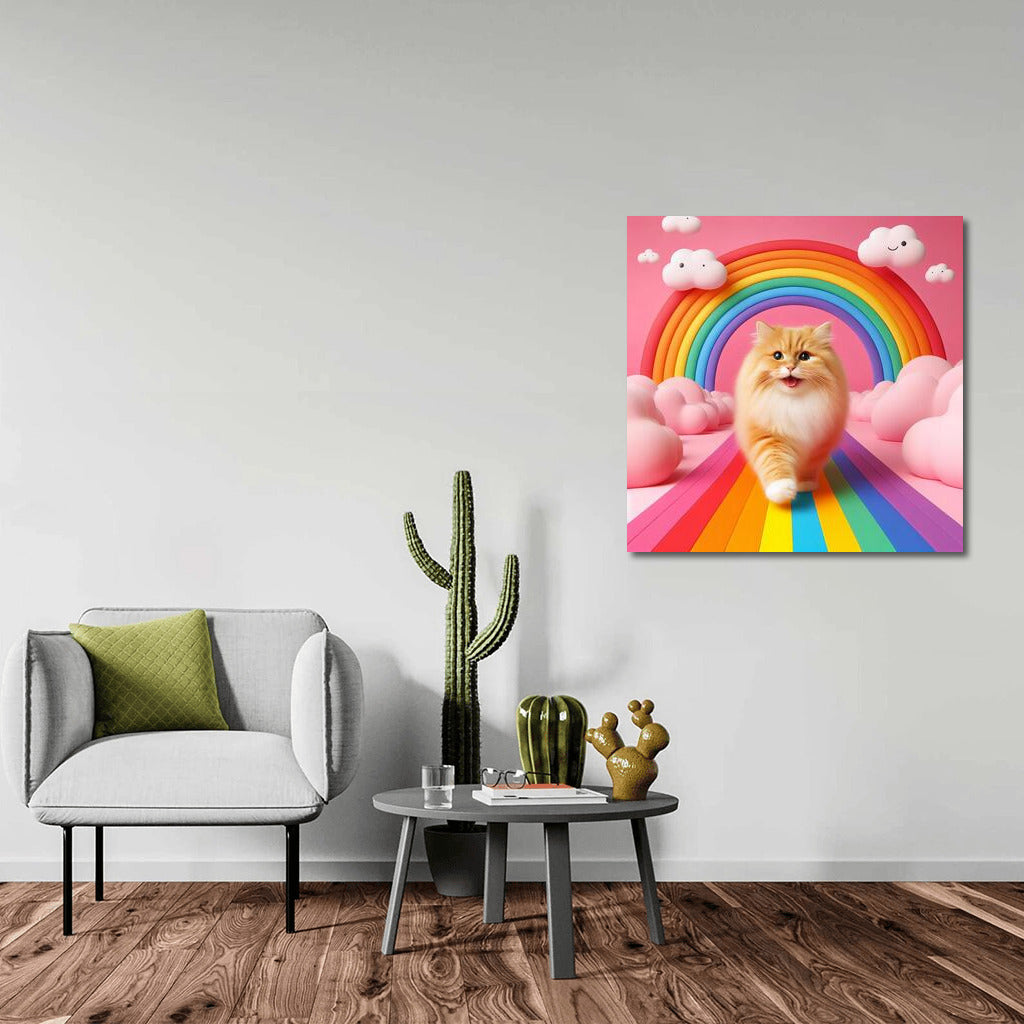 Fluffy Cat on the Rainbow Road among the Clouds