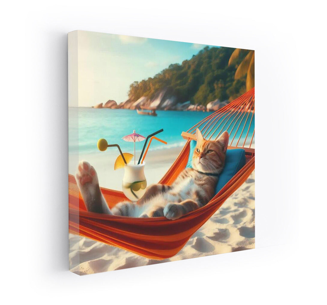 Cat in a Hammock: Beach Relaxation with a Cocktail