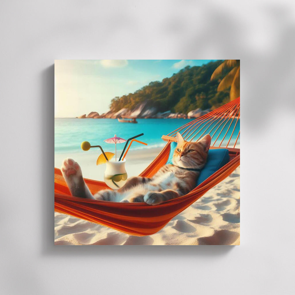 Cat in a Hammock: Beach Relaxation with a Cocktail