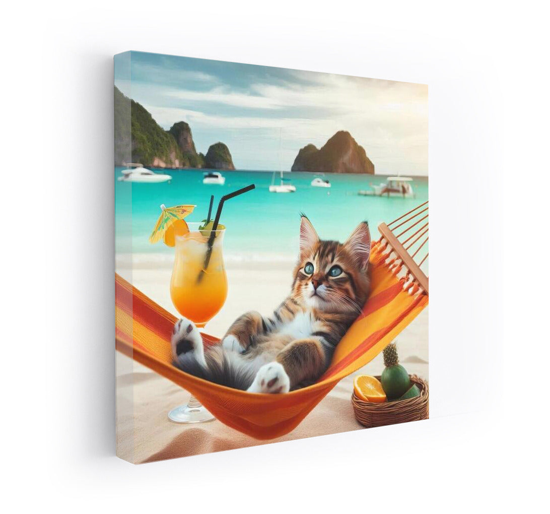 Cat in Paradise: Relaxing in a Hammock with a Cocktail on the Beach
