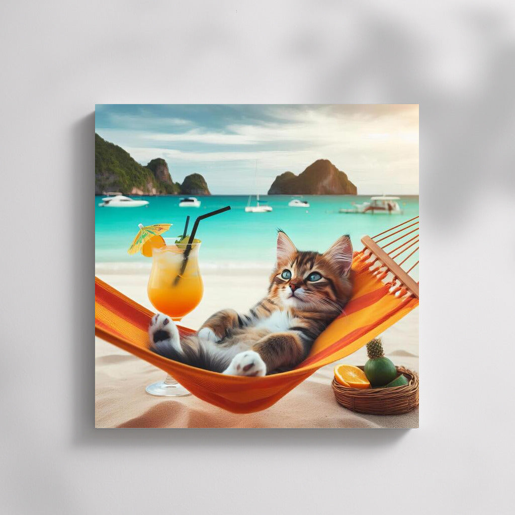 Cat in Paradise: Relaxing in a Hammock with a Cocktail on the Beach