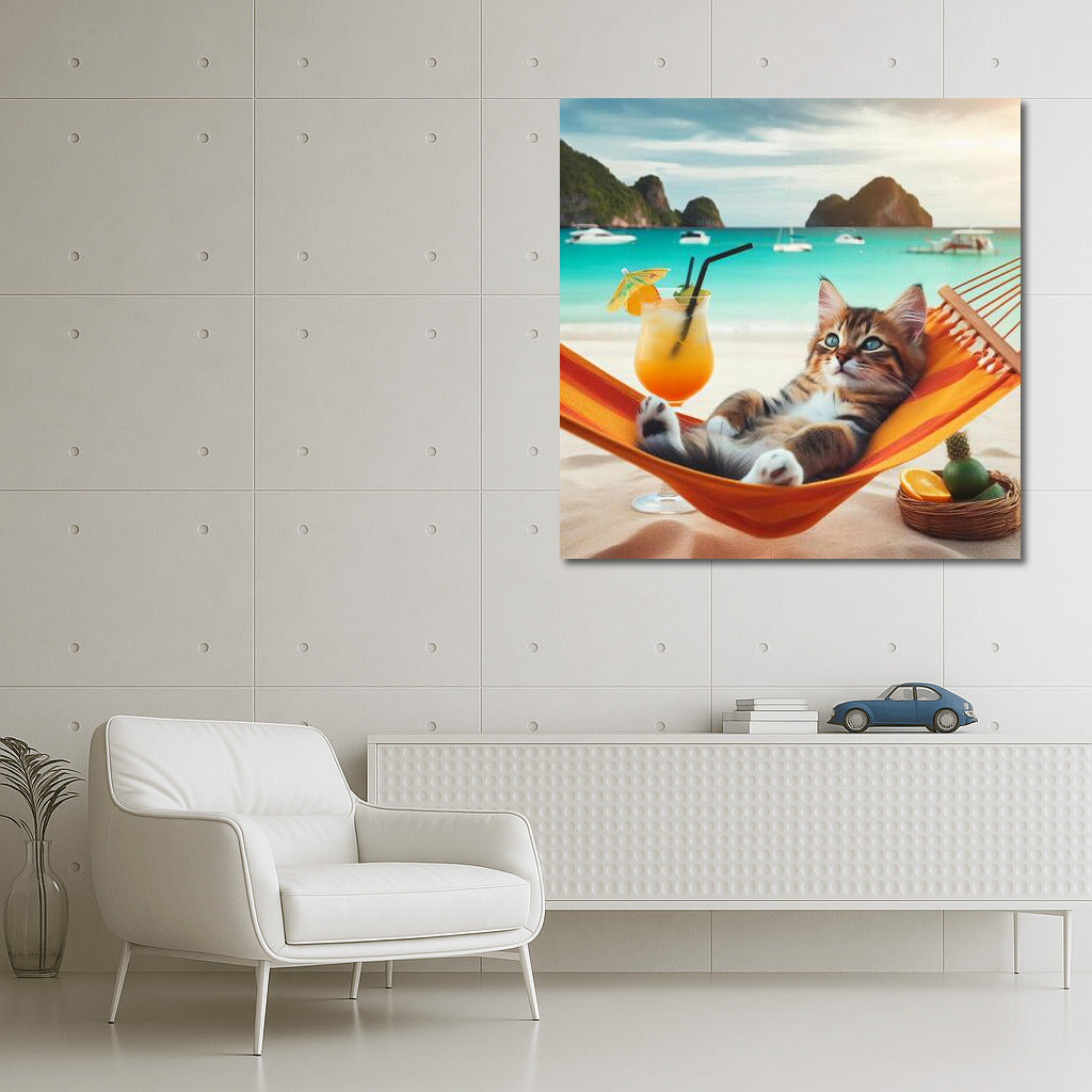 Cat in Paradise: Relaxing in a Hammock with a Cocktail on the Beach