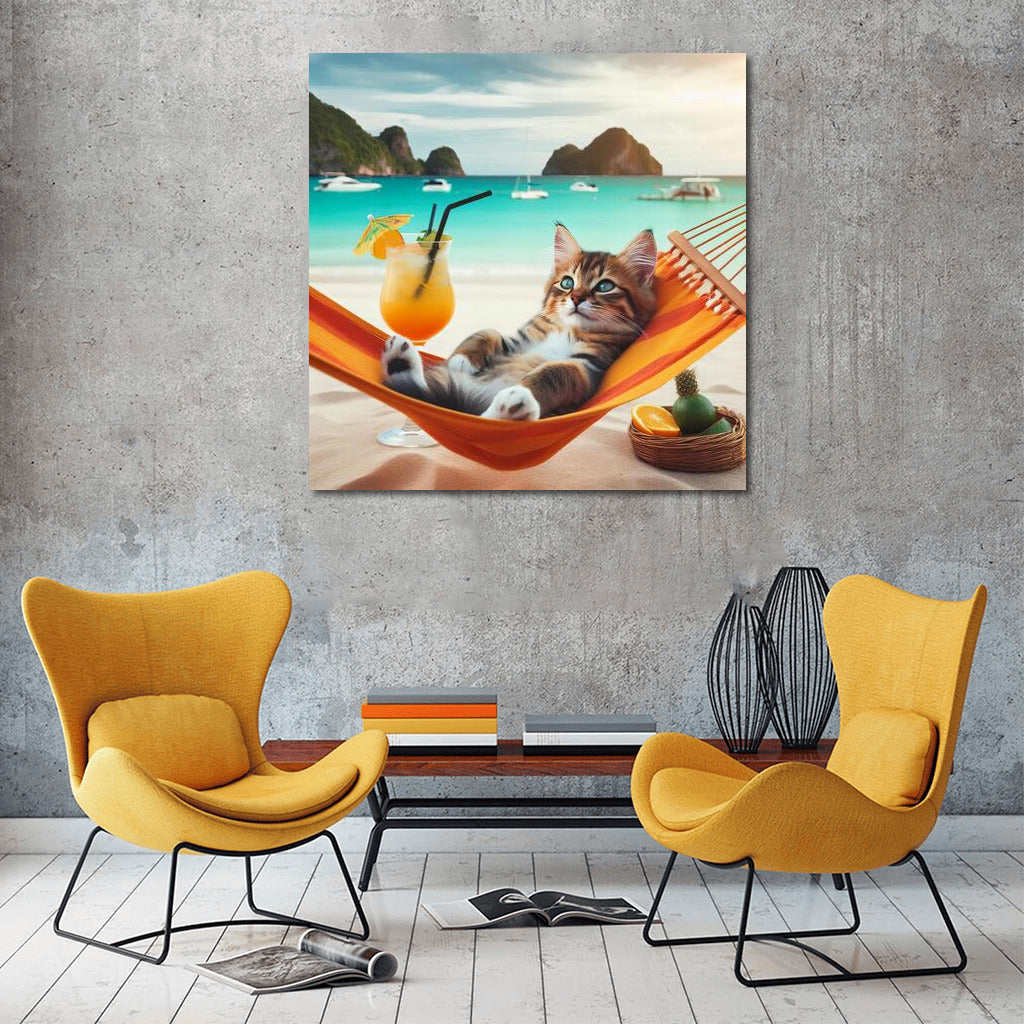 Cat in Paradise: Relaxing in a Hammock with a Cocktail on the Beach