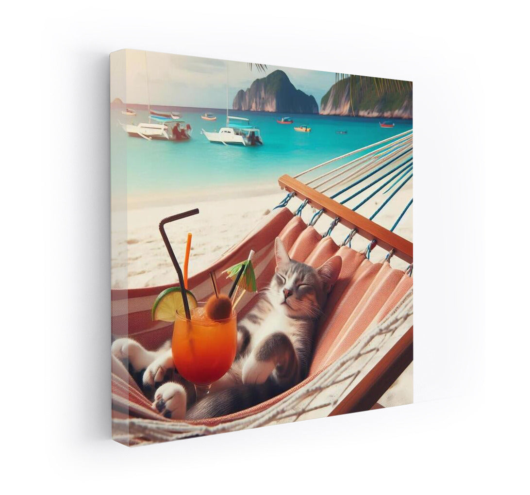 Cat in a Hammock on the Beach with a Cocktail: Serene Paradise