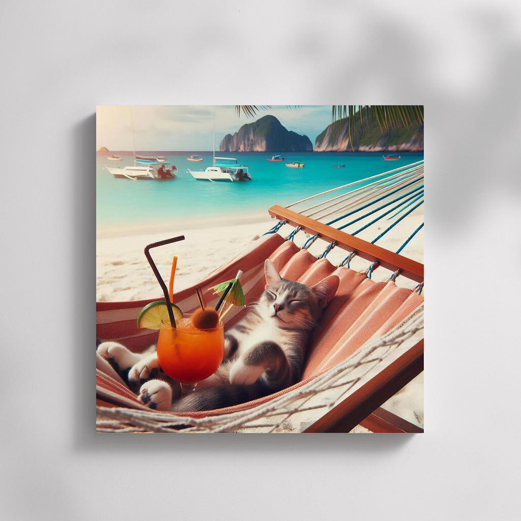 Cat in a Hammock on the Beach with a Cocktail: Serene Paradise