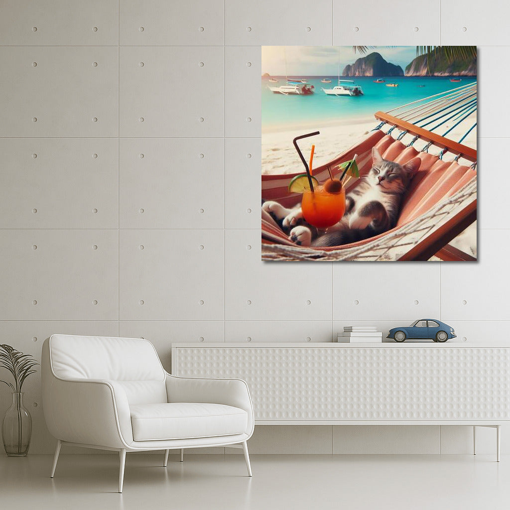 Cat in a Hammock on the Beach with a Cocktail: Serene Paradise